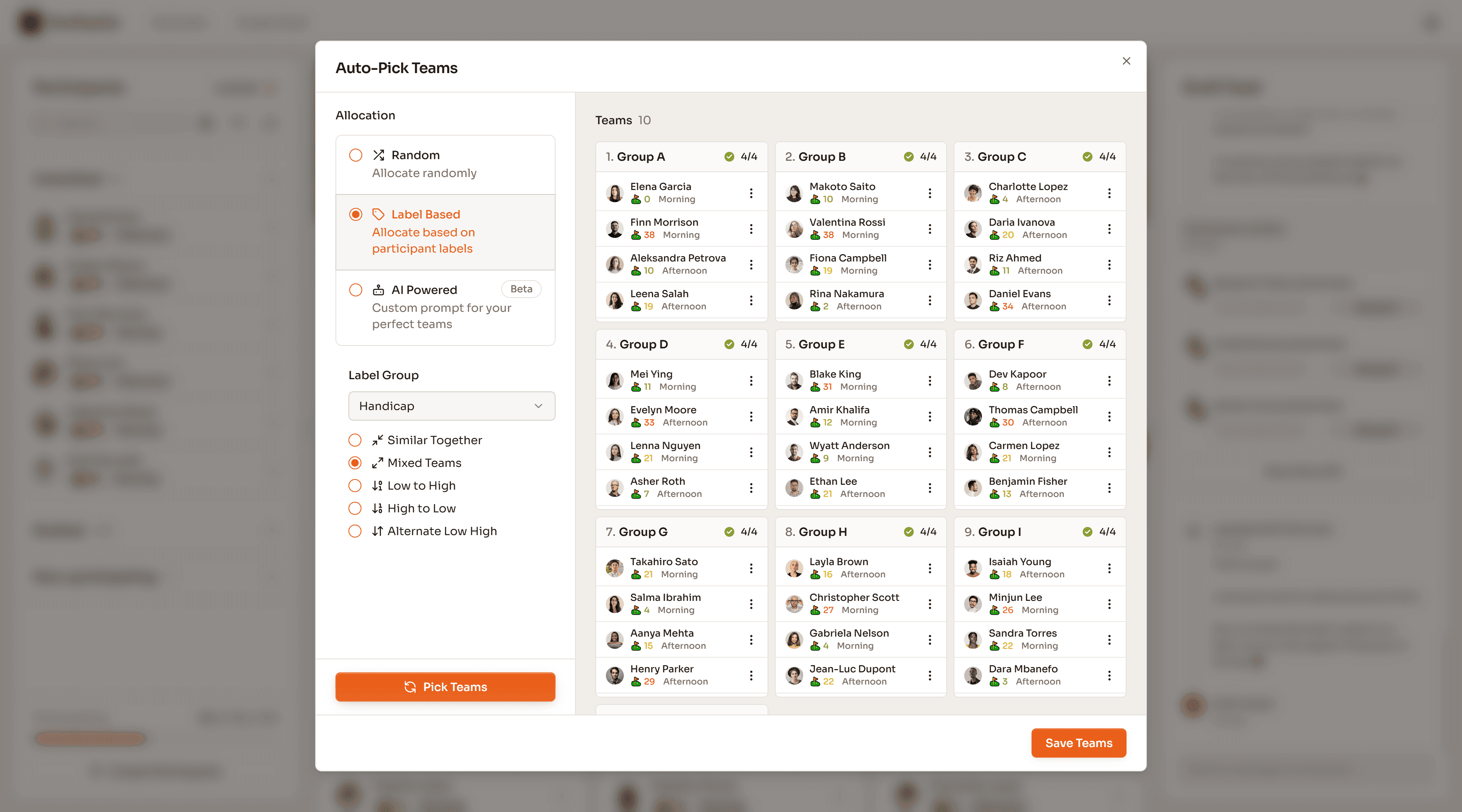 Draftastic screenshot of a draft page for a golf tournament, with the Auto Pick Teams dialog open. A form shows that the teams are picked by golf handicap, and will be mixed equally.