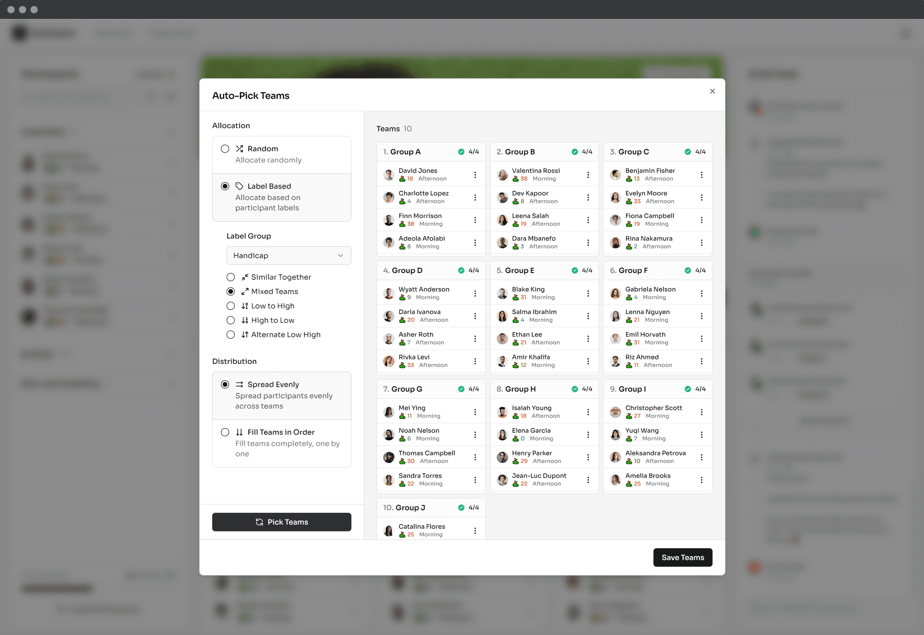 Draftastic screenshot of a draft page for a golf tournament, with the Auto Pick Teams dialog open. A form shows that the teams are picked by golf handicap, and will be mixed equally.