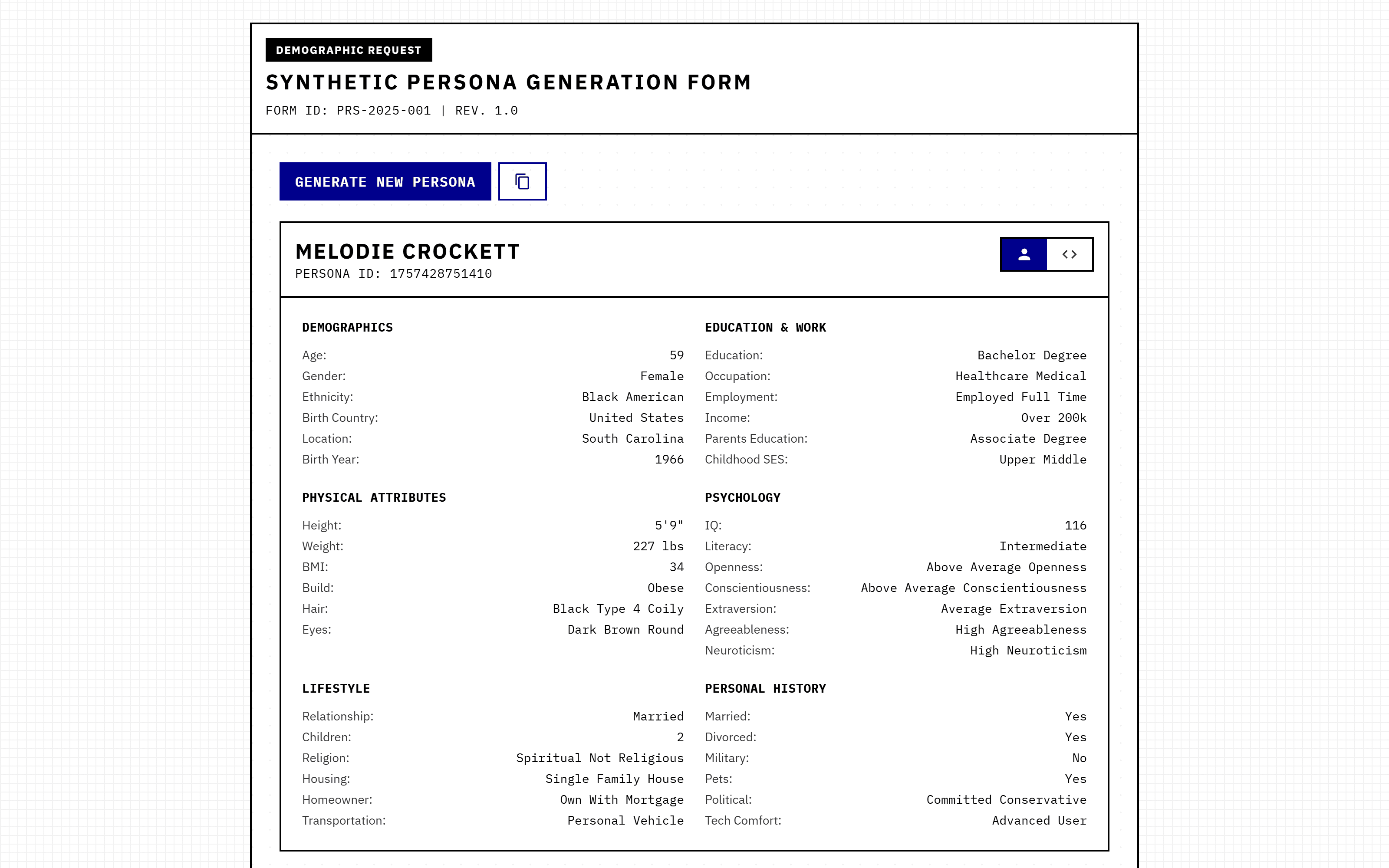 PersonaGen interface displaying a fully generated synthetic persona with complete demographic profile including age, location, psychology, lifestyle, and physical characteristics.