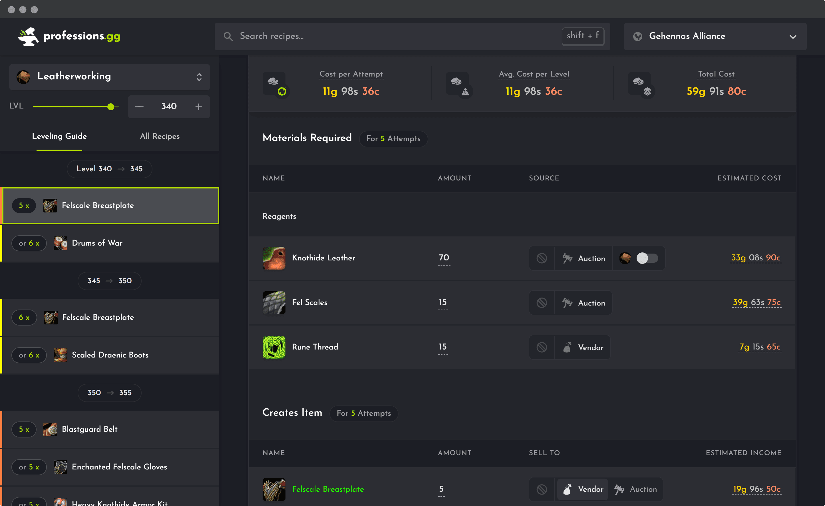 Professions.gg screenshot of a page for levelling a leatherworking recipe, with estimated gold costs calculated.