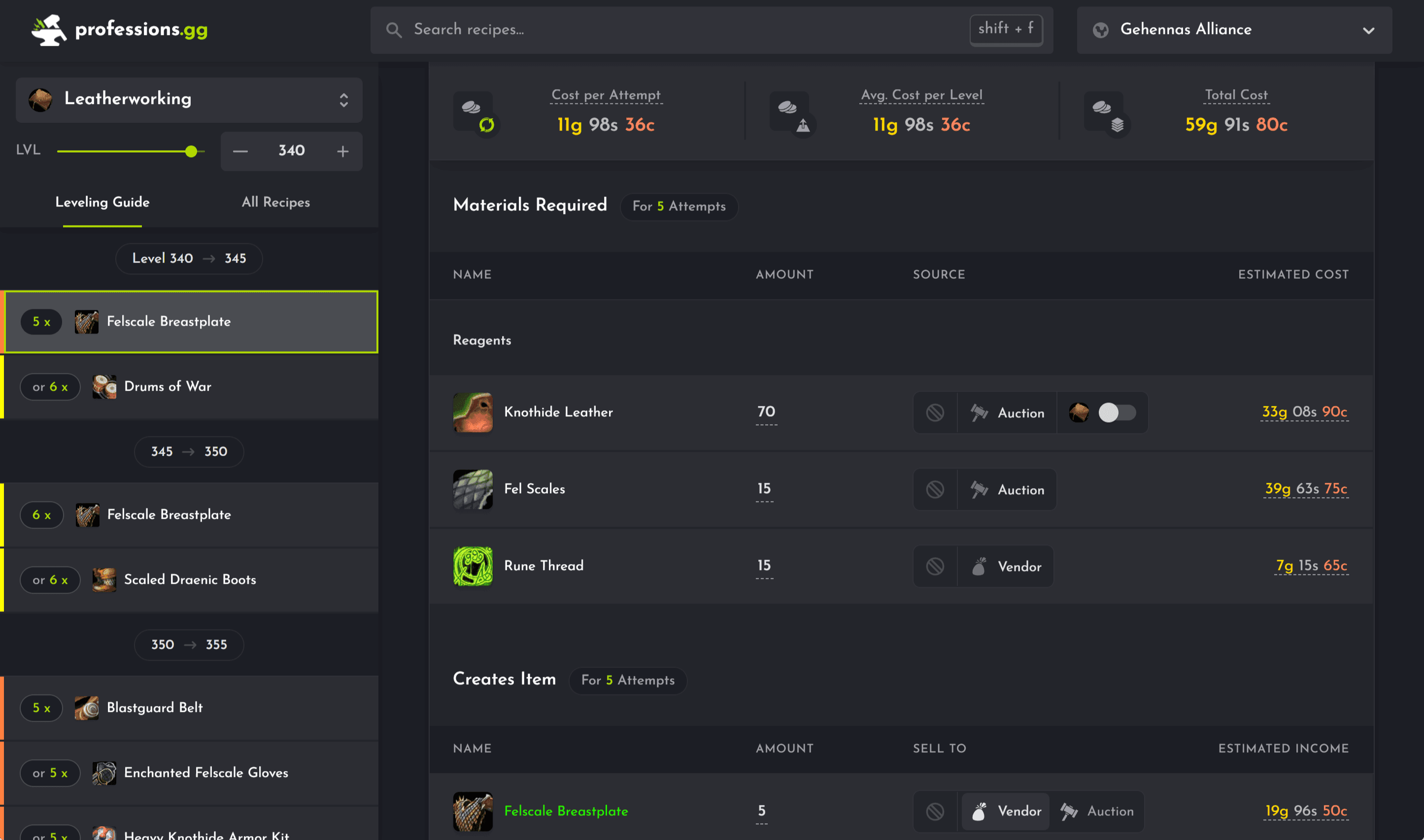 Professions.gg screenshot of a page for levelling a leatherworking recipe, with estimated gold costs calculated.