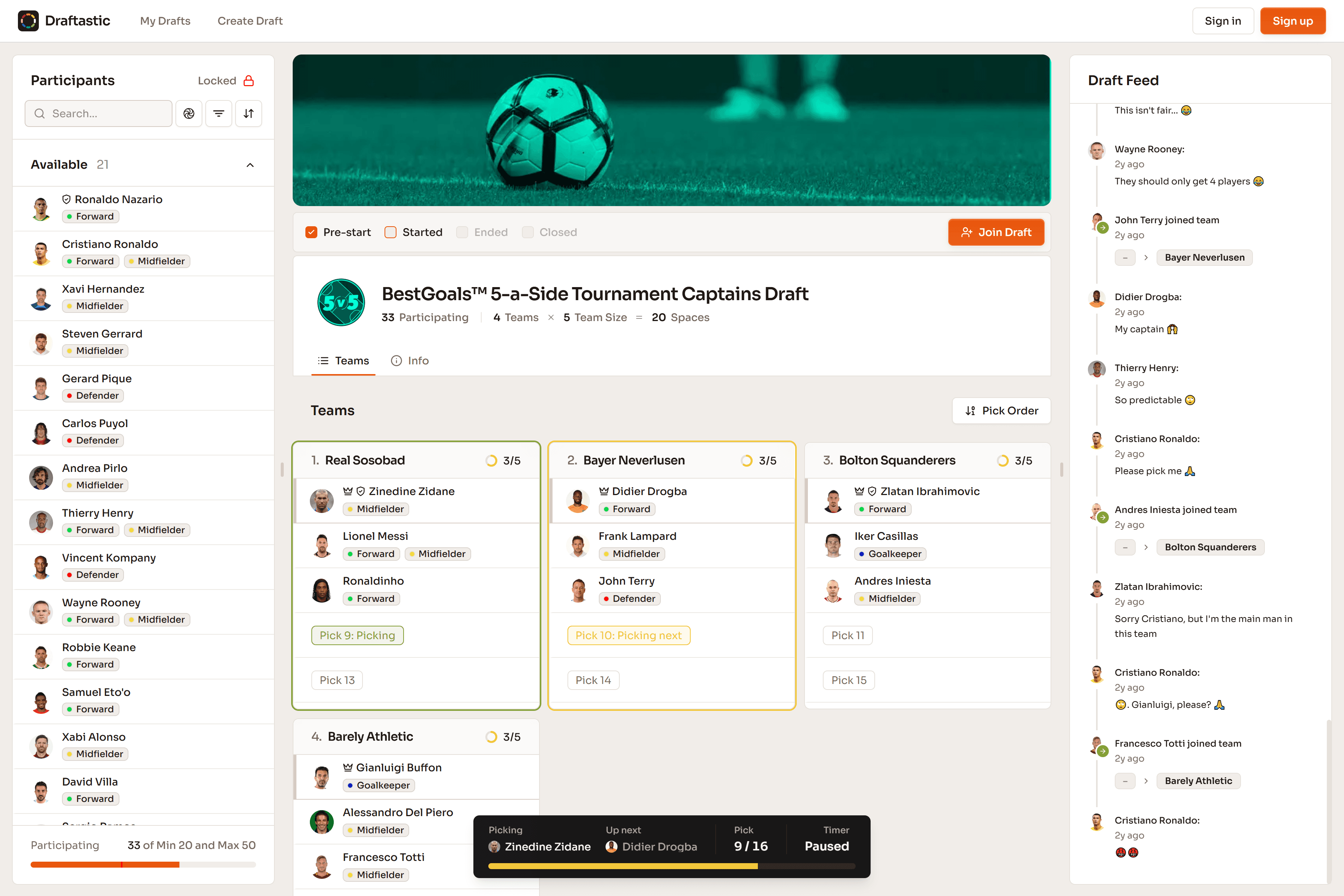 Captains-style draft in progress with partially filled teams and available player pool.