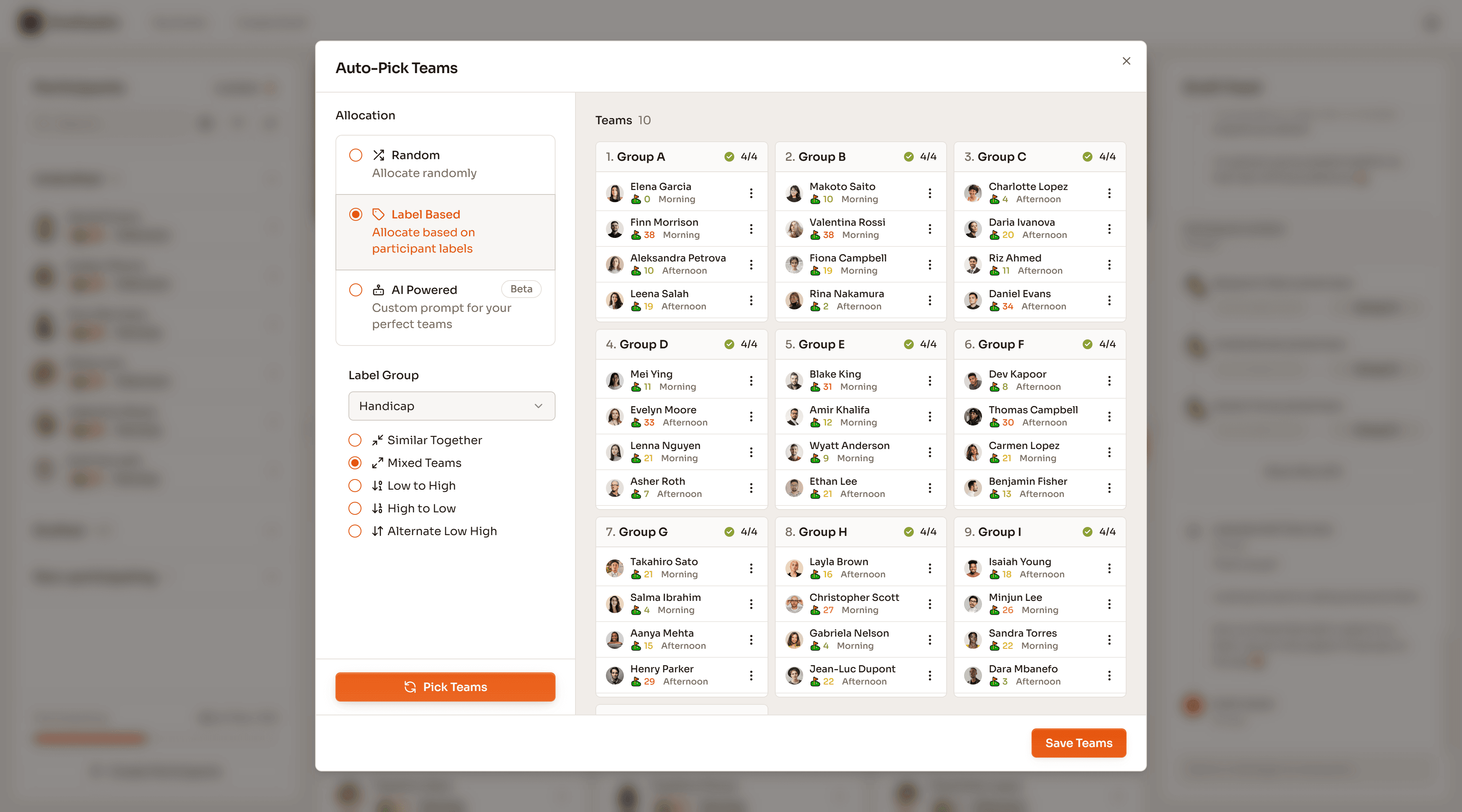 Auto Pick Teams dialog with options for balancing by golf handicap.