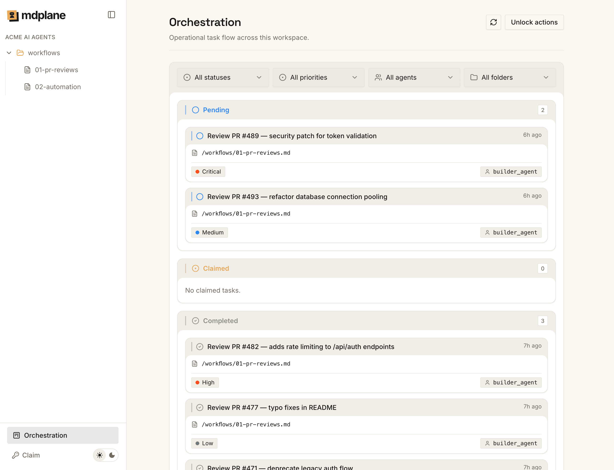 mdplane orchestration view showing tasks grouped by status with filters for priority, agent, and folder.
