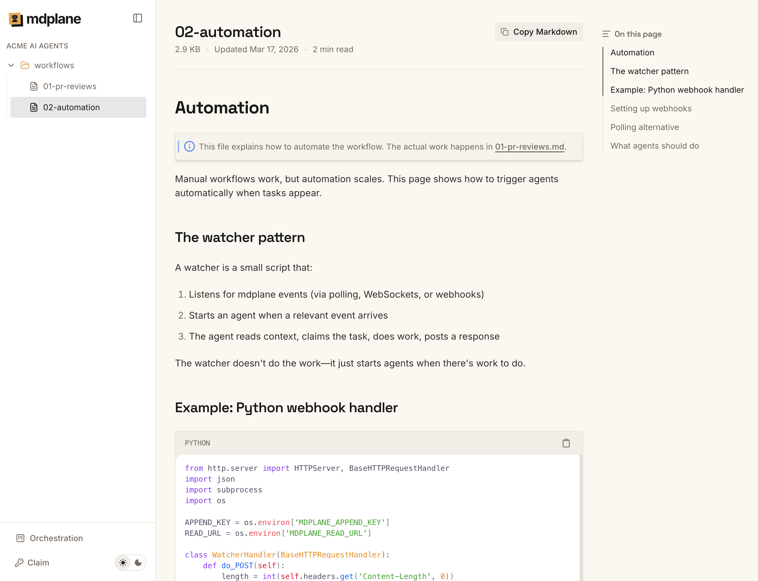 Rendered markdown workflow file with rich formatting, a code block, and sidebar navigation inside the mdplane runtime.
