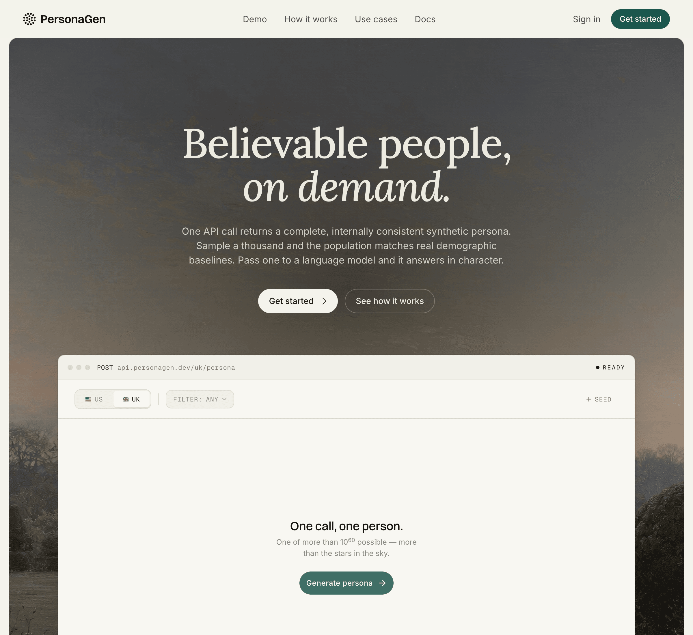 PersonaGen landing hero with the headline 'Believable people, on demand.' over a dusk landscape, supporting copy about one API call returning a complete synthetic persona, and the persona console inviting you to generate one.