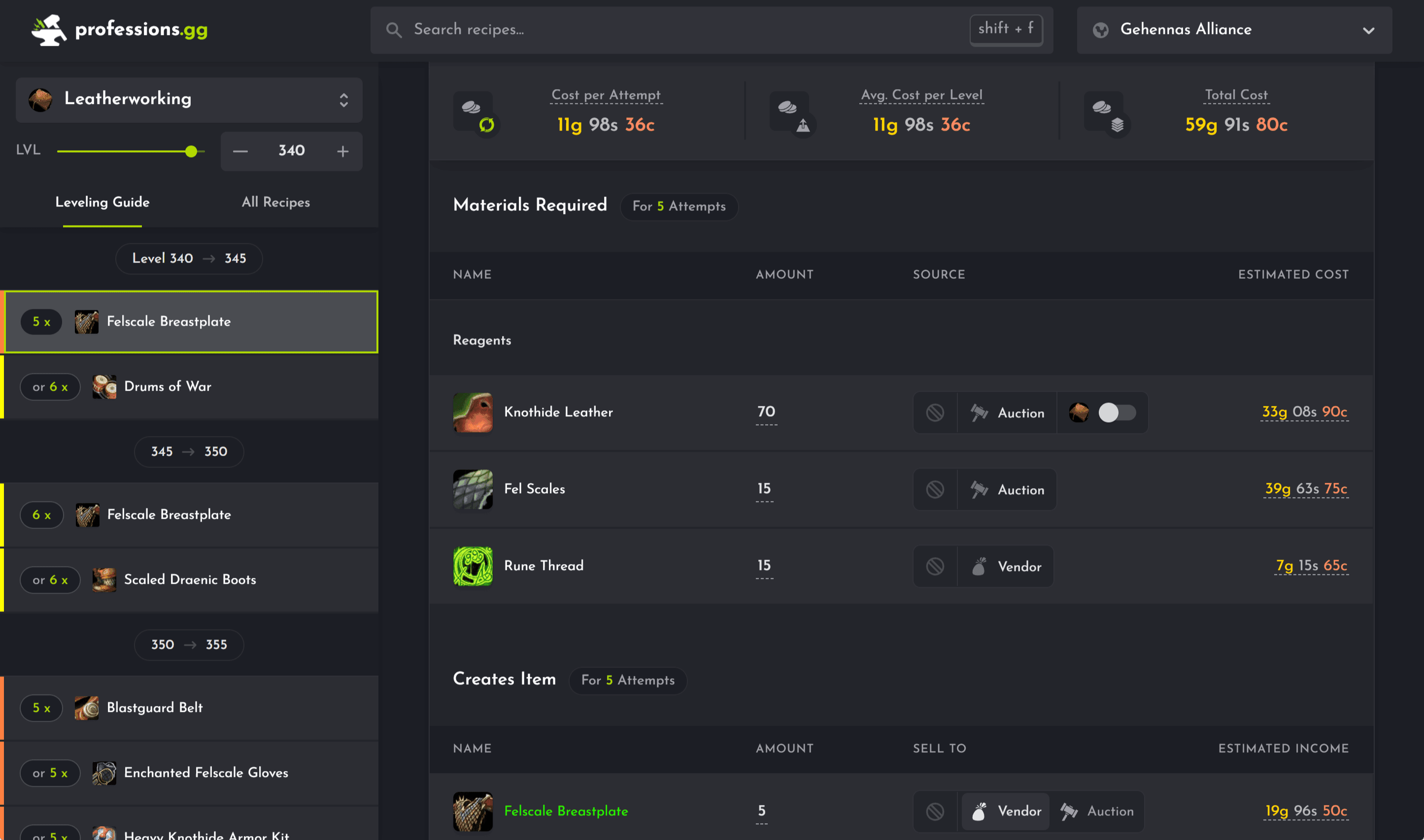 Leatherworking recipe page with estimated gold costs from live auction house prices.